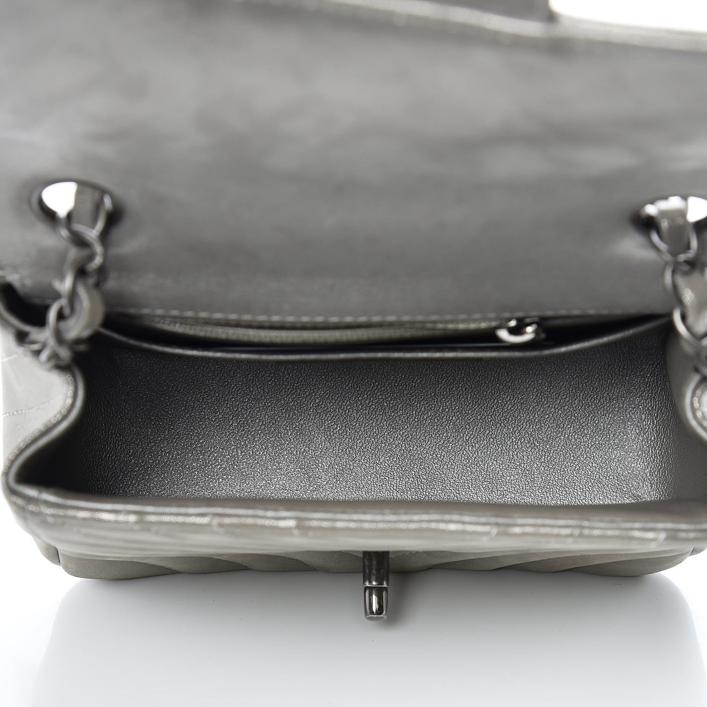 Iridescent Calfskin Chevron Quilted Mini Square Flap Silver
