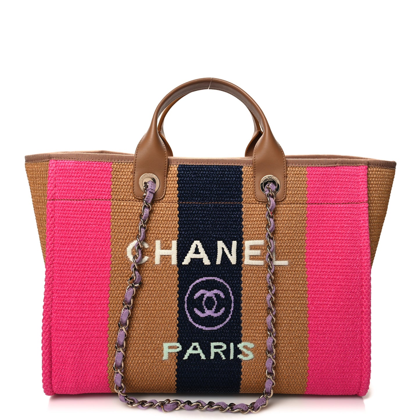 Straw Raffia Calfskin Striped Medium Deauville Tote Dark Beige Fuchsia Navy Blue