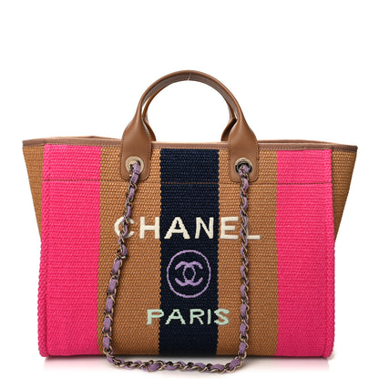 Chanel Straw Raffia Calfskin Striped Medium Deauville Tote Dark Beige Fuchsia Navy Blue 1 of 12