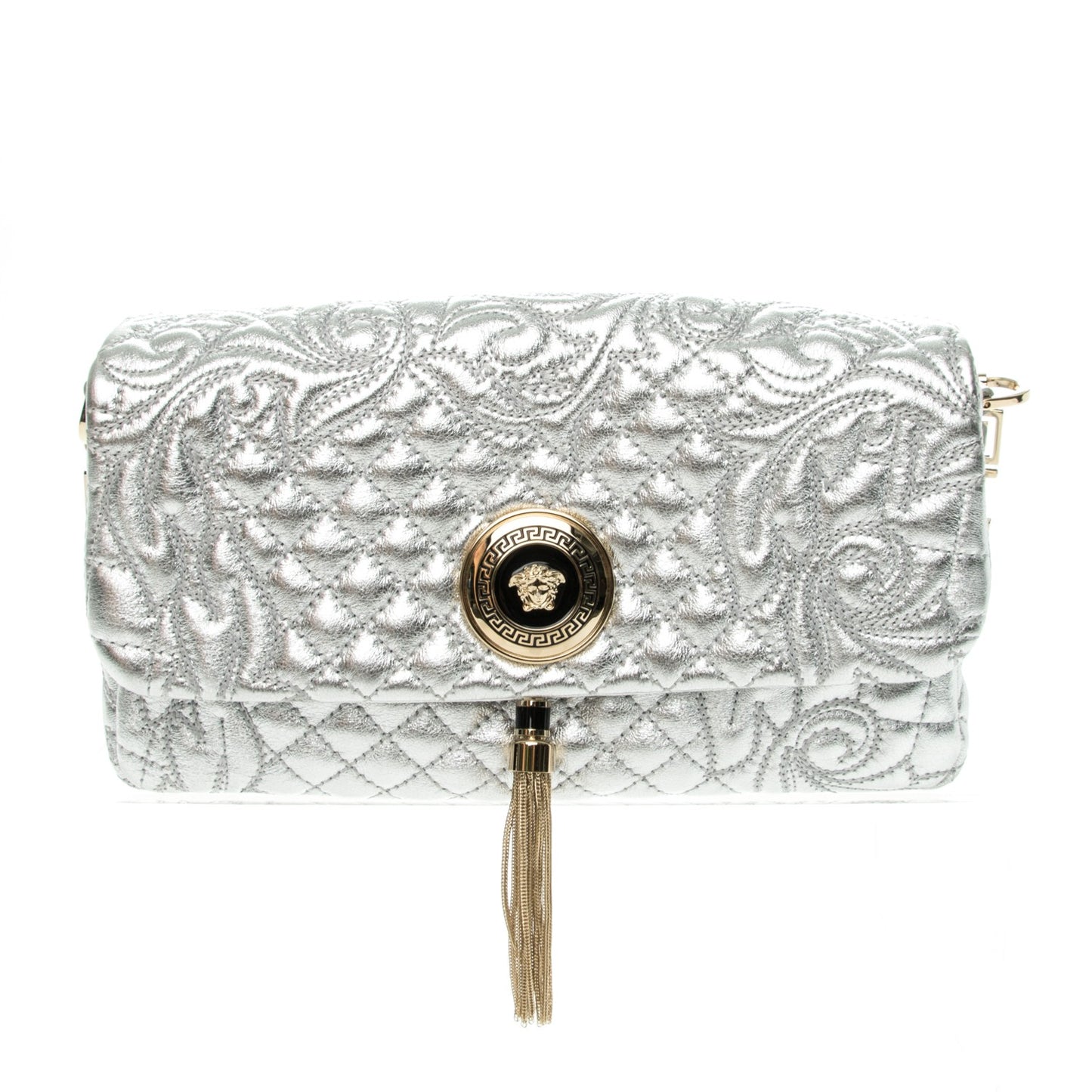 Metallic Nappa Barocco Quilted Calliope Vanitas Shoulder Bag Silver