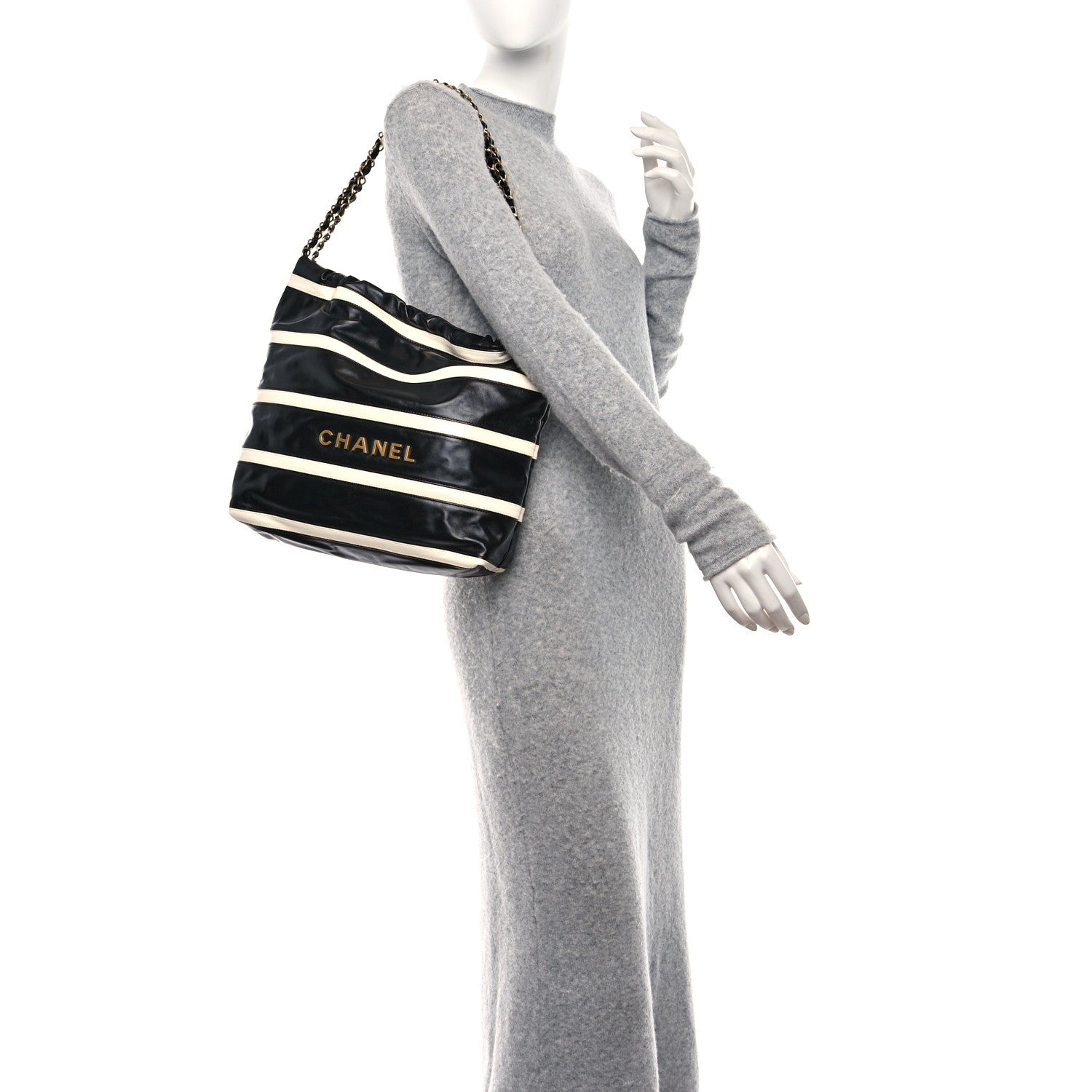 Chanel Shiny Calfskin Striped Small Chanel 22 Black White 1456262