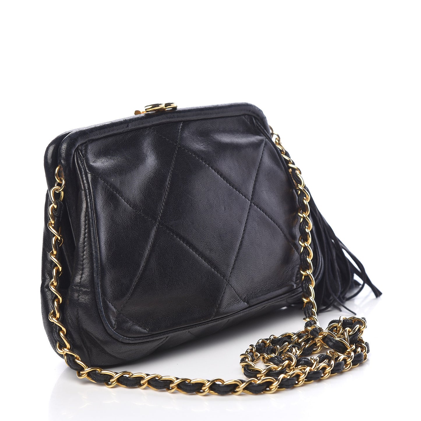 Lambskin Quilted Tassel Kisslock Evening Bag Black