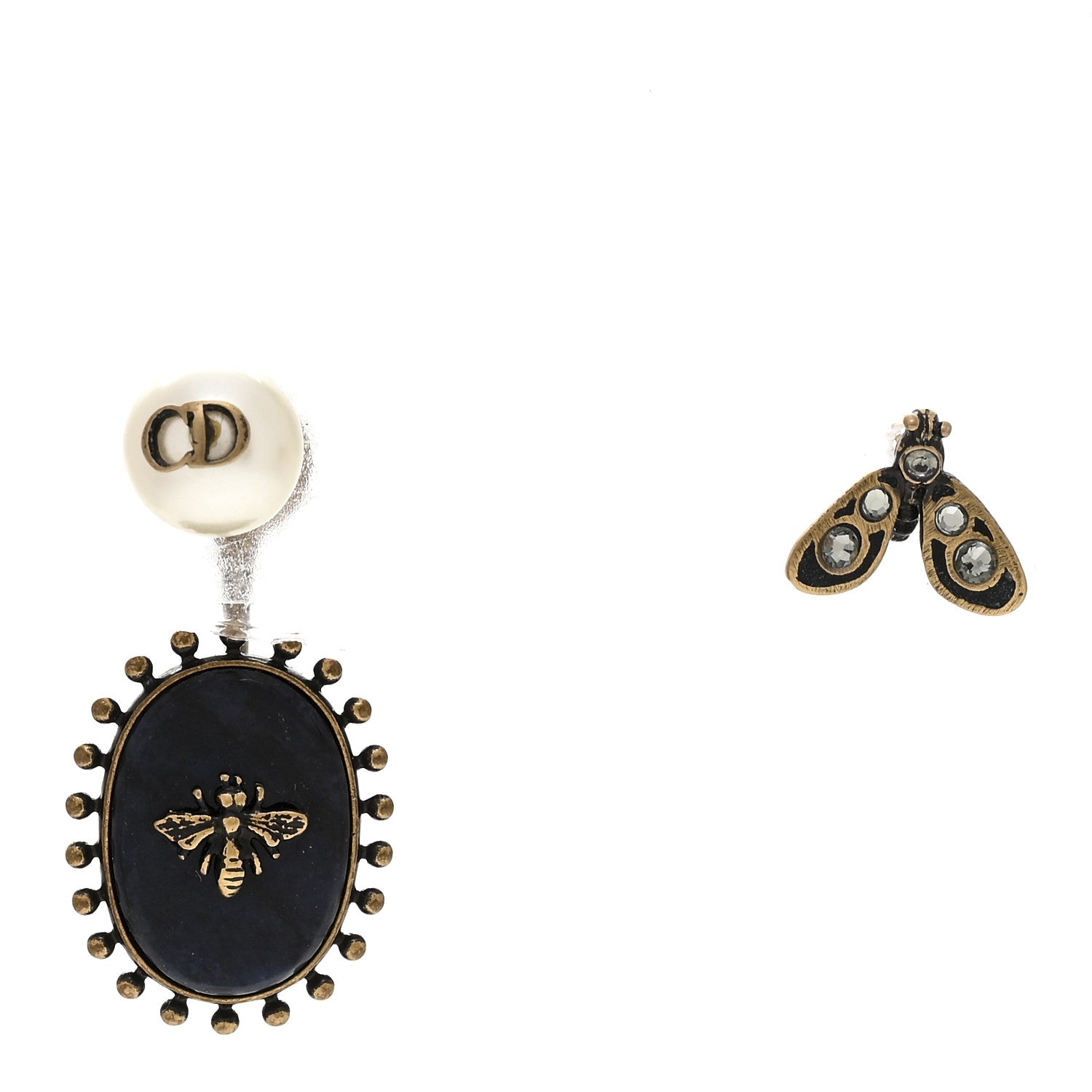 Christian Dior Pearl Crystal Bee Oval Earrings Aged Gold 1 of 4