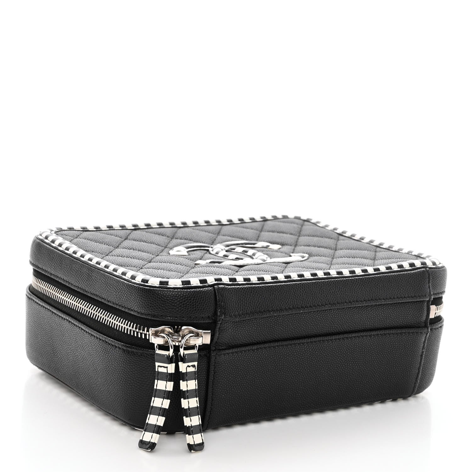 Chanel Caviar Quilted Striped Medium CC Filigree Vanity Case Black White 4 of 10