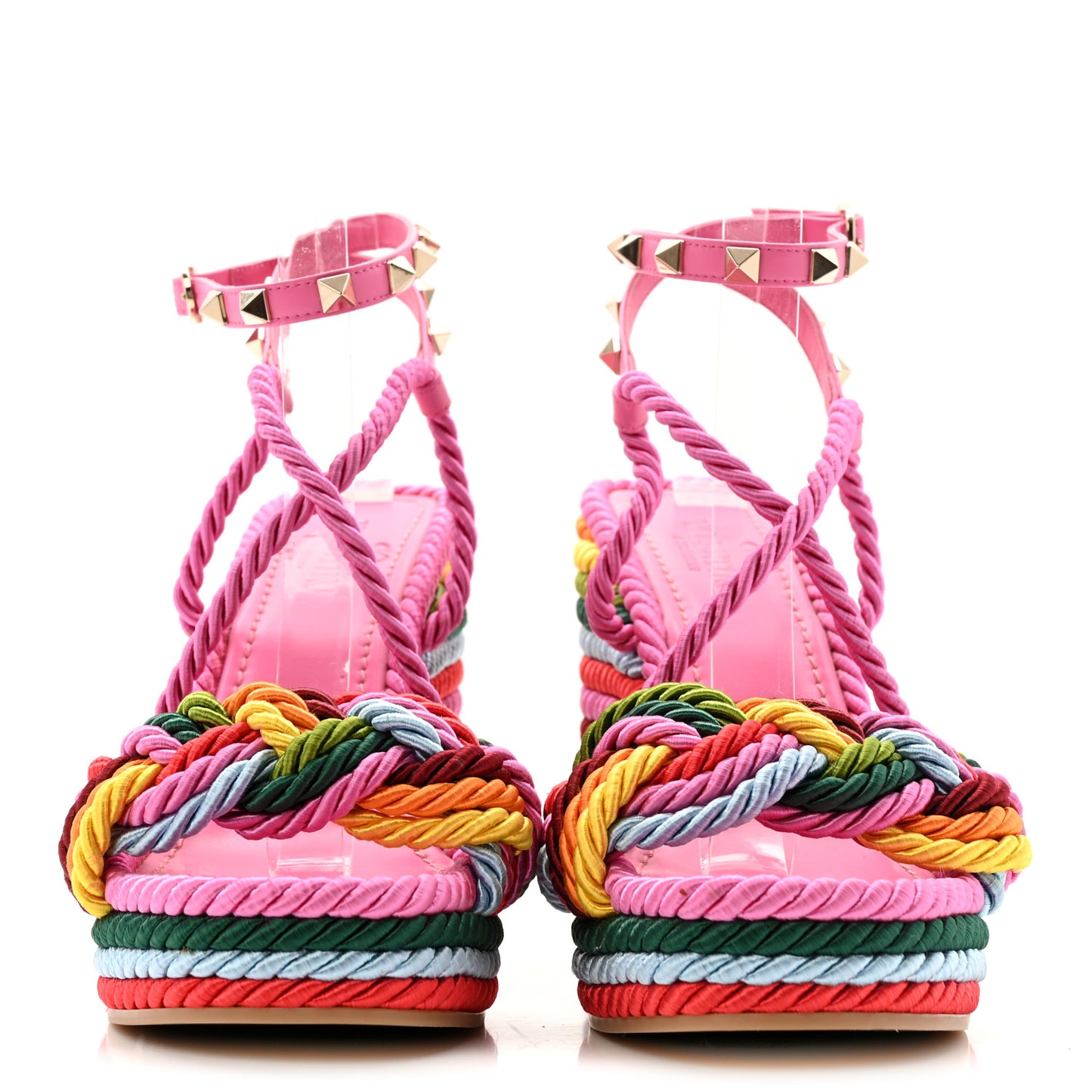 Calfskin Rockstud Ankle Strap Torchon Espadrille 25/115mm Wedge Sandals 37 Feminine Pink Multicolor