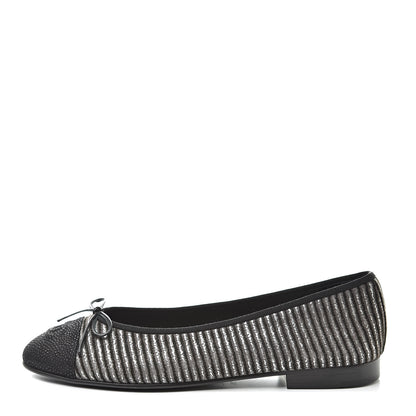 Chanel Velvet Caviar Striped CC Cap Toe Ballerina Flats 39 Grey Black 1 of 7