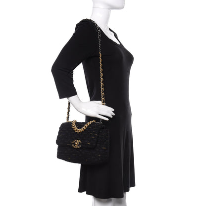 Chanel Tweed Quilted Medium 19 Flap Black Navy Gold 2 of 11