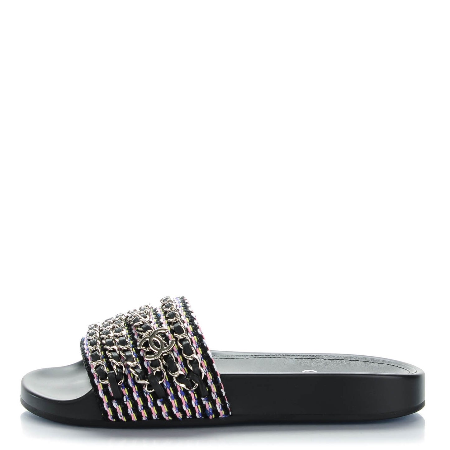 Tweed Lambskin Chain Flat Sandals 35 Black Multicolor