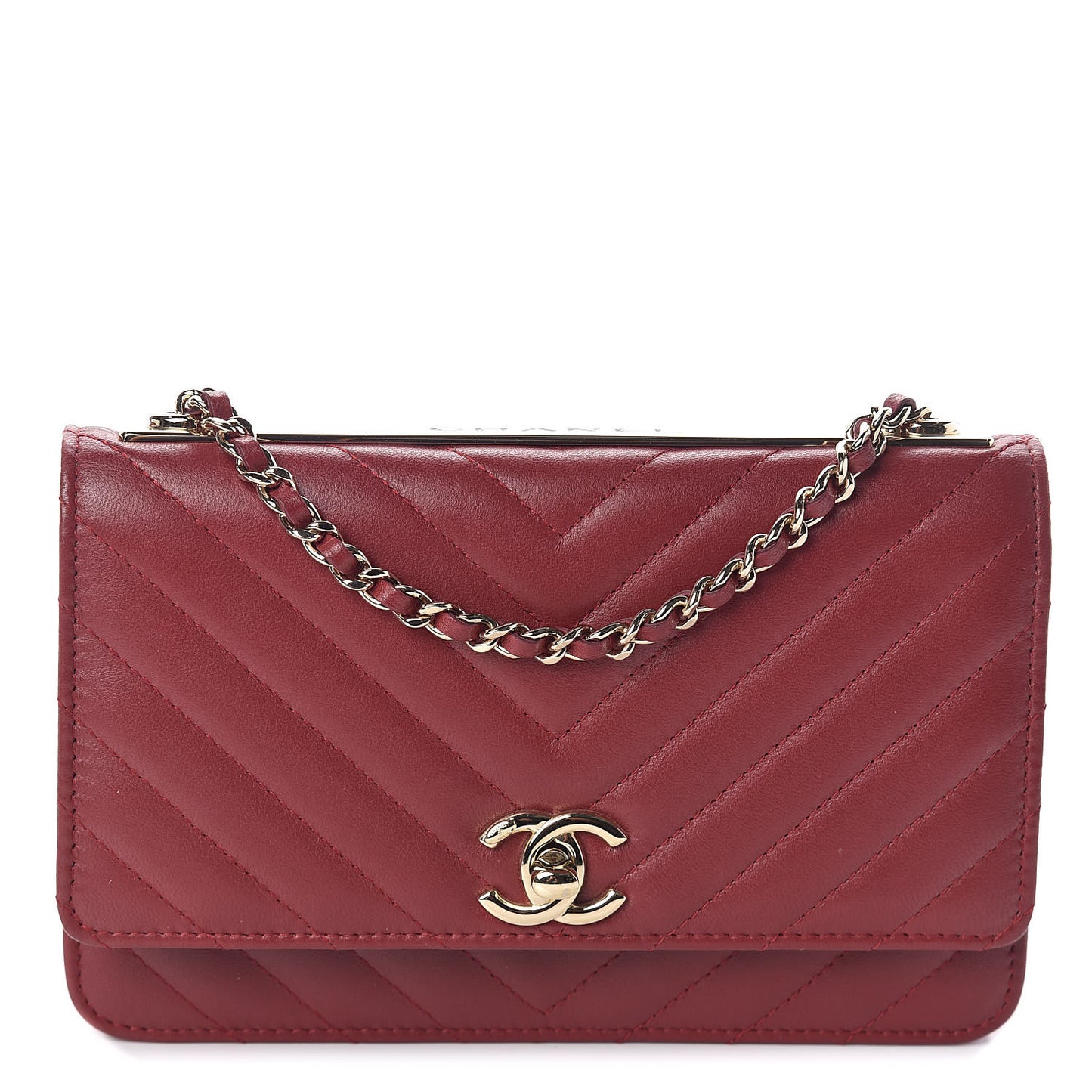 Lambskin Chevron Quilted Tendy CC Wallet On Chain WOC Dark Red