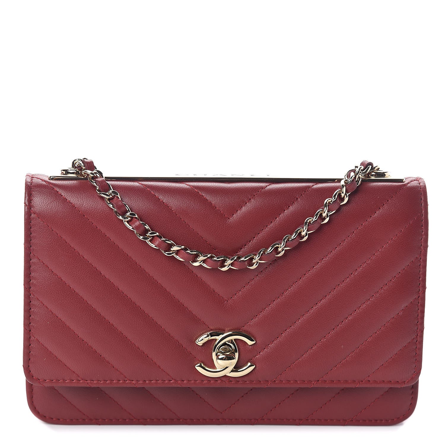 Chanel Lambskin Chevron Quilted Tendy CC Wallet On Chain WOC Dark Red 1 of 10