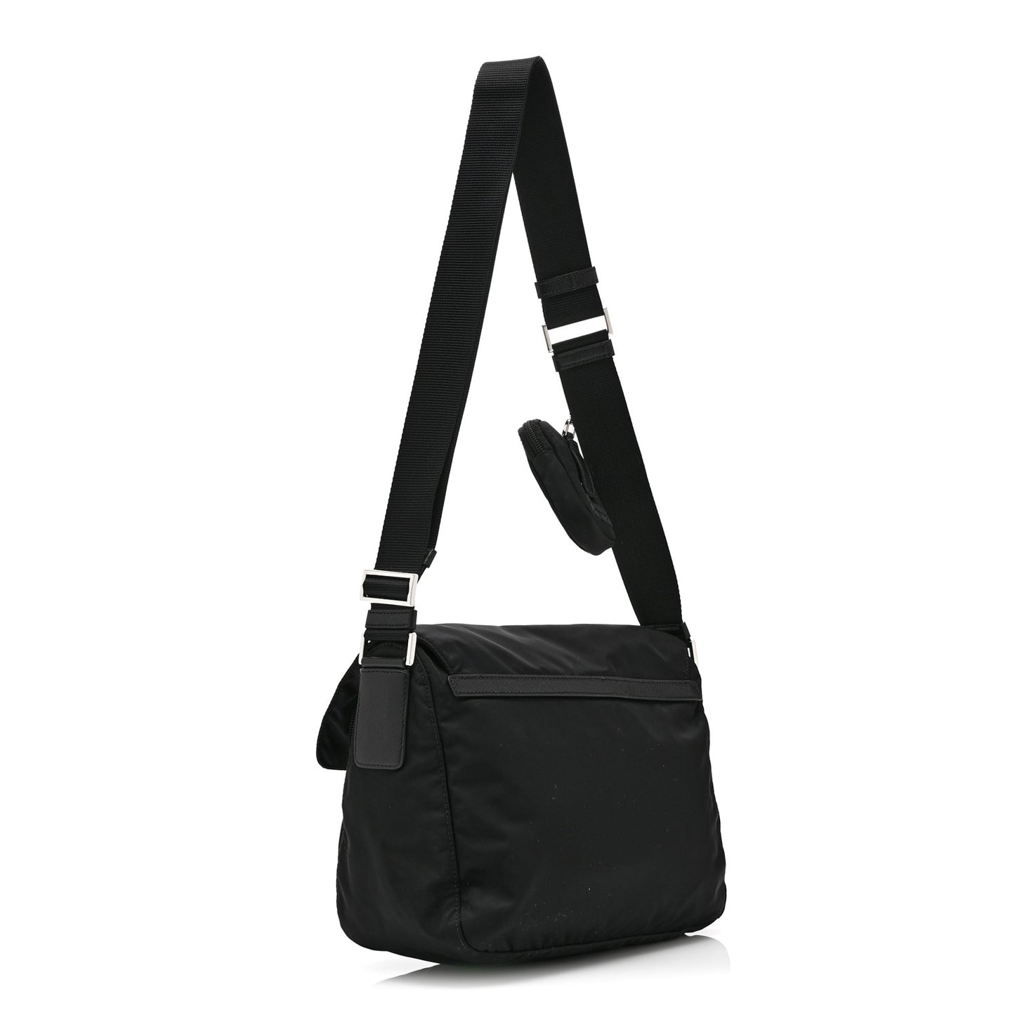 Re-Nylon Vela Saffiano Pocket Double Buckle Messenger Shoulder Bag Black