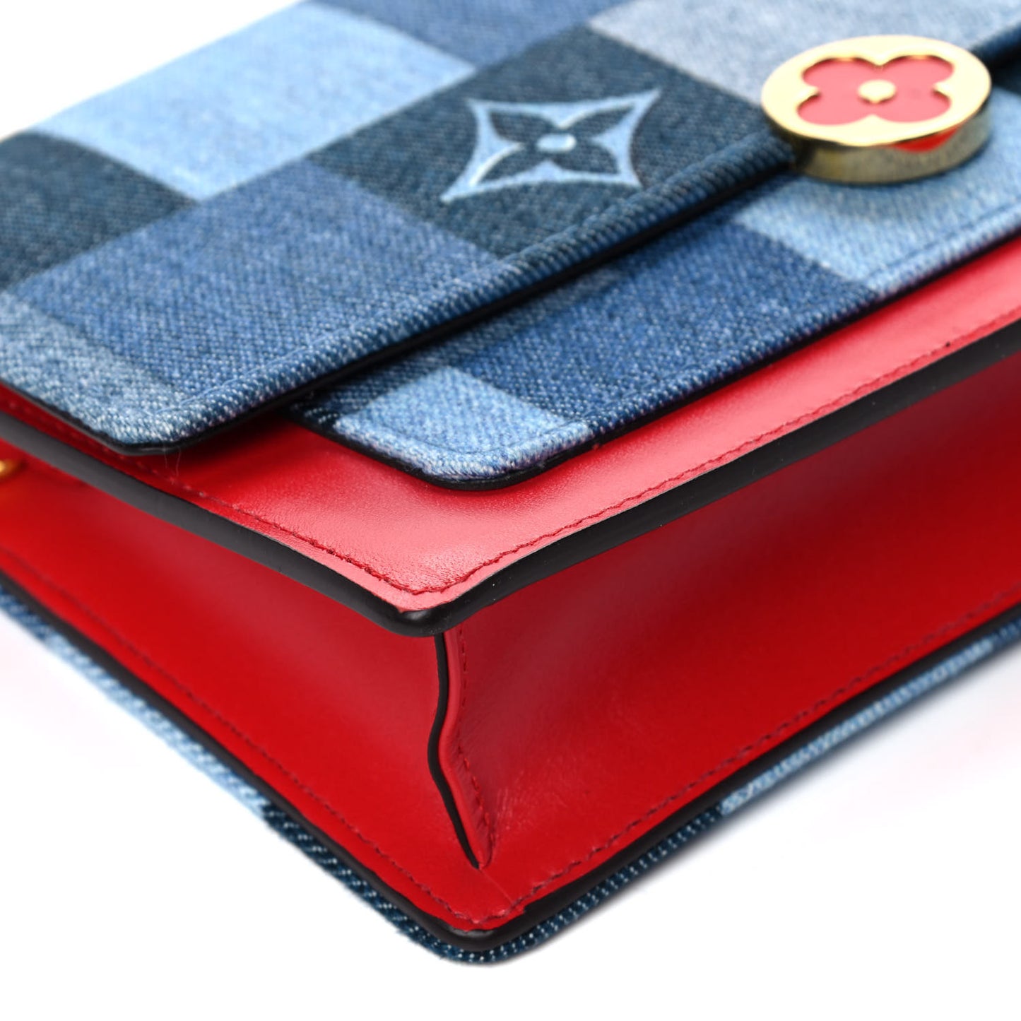 Denim Damier Monogram Patchwork Flore Chain Wallet Blue Rouge
