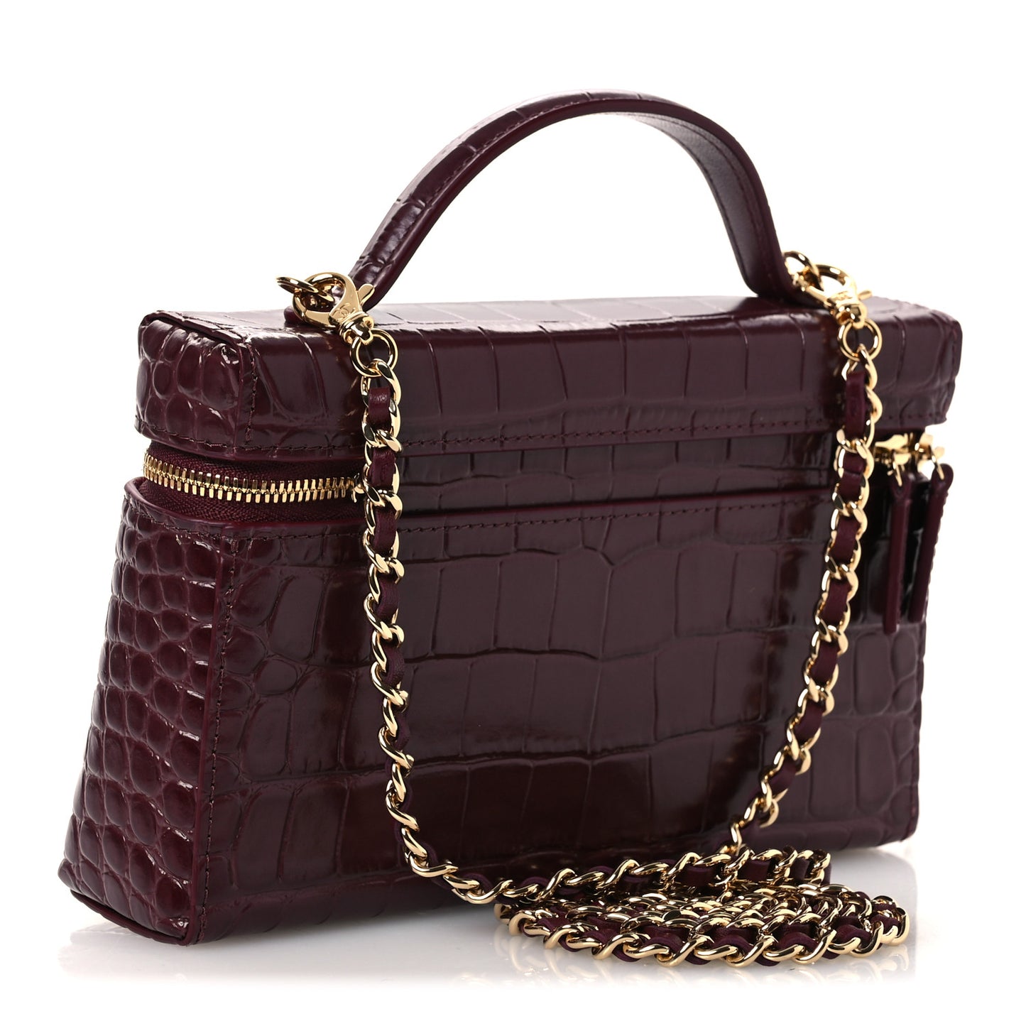 Calfskin Crocodile Embossed Top Handle Vanity Case With Chain  Burgundy