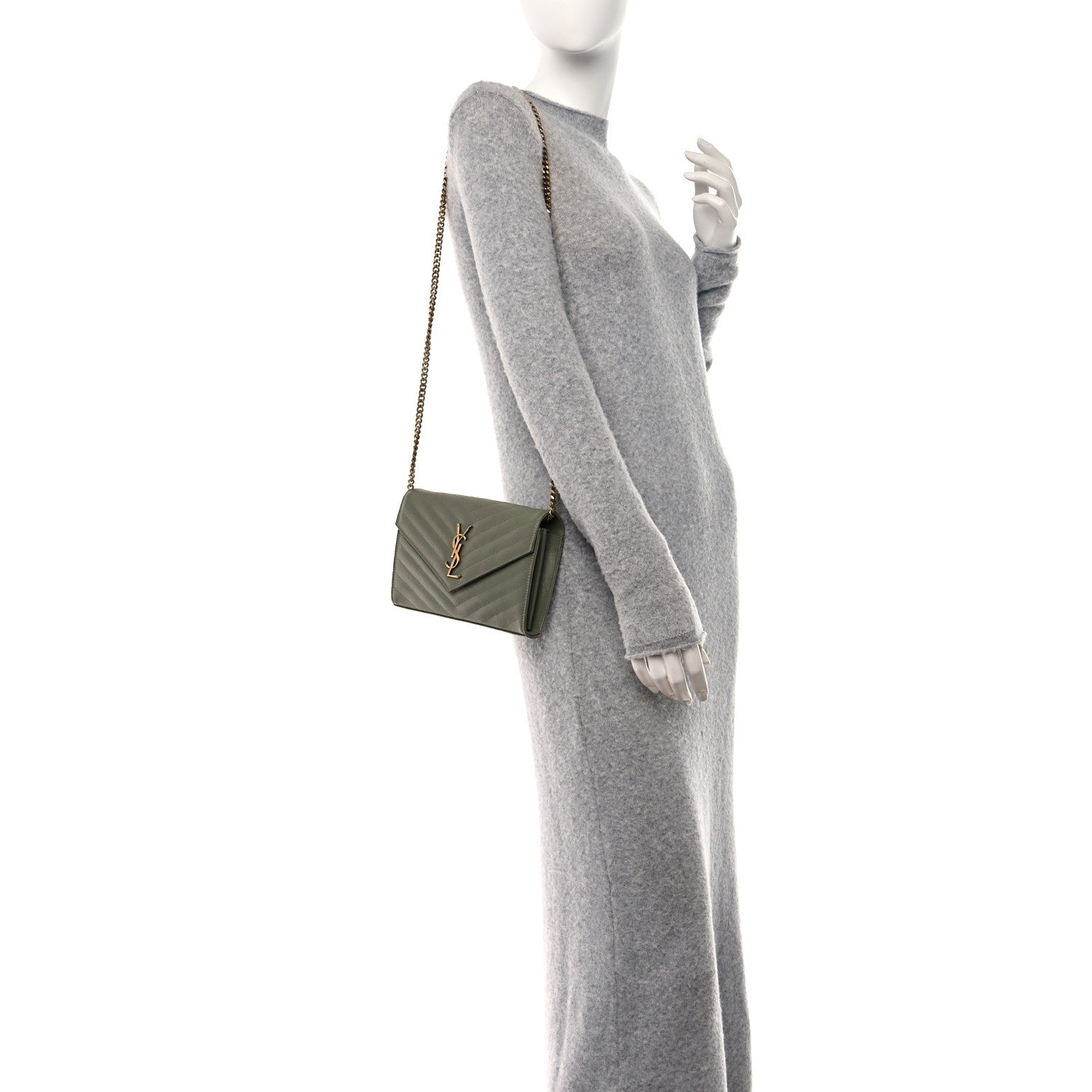 Saint Laurent Grain De Poudre Matelasse Chevron Monogram Chain Wallet Light Sage 2 of 10