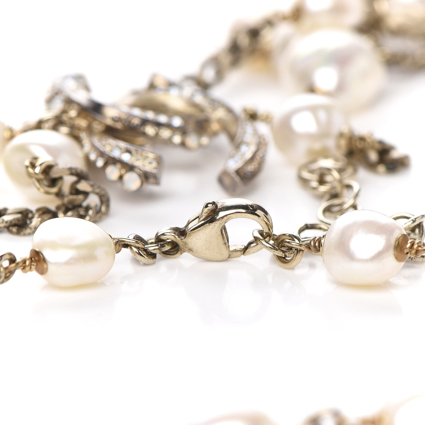Pearl Crystal CC Long Necklace Gold