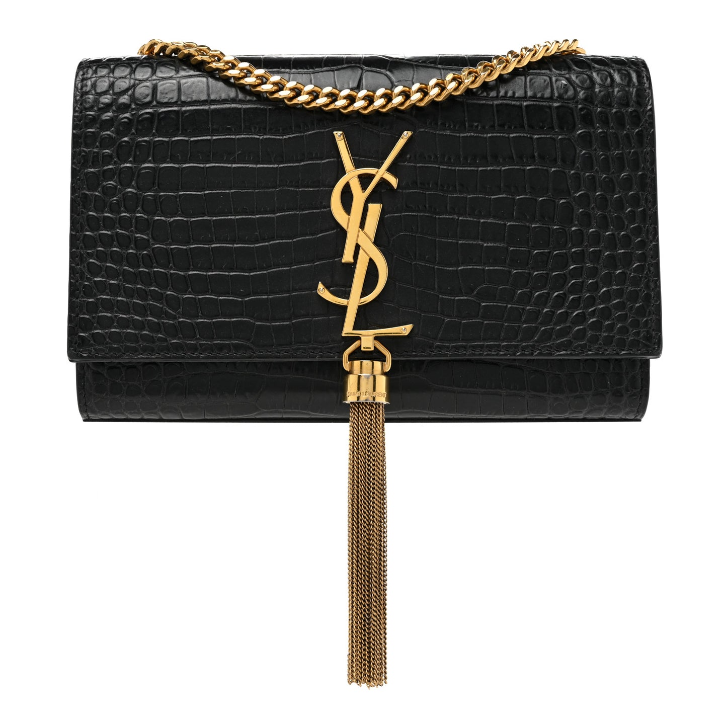 Calfskin Crocodile Embossed Medium Classic Monogram Kate Tassel Satchel Black