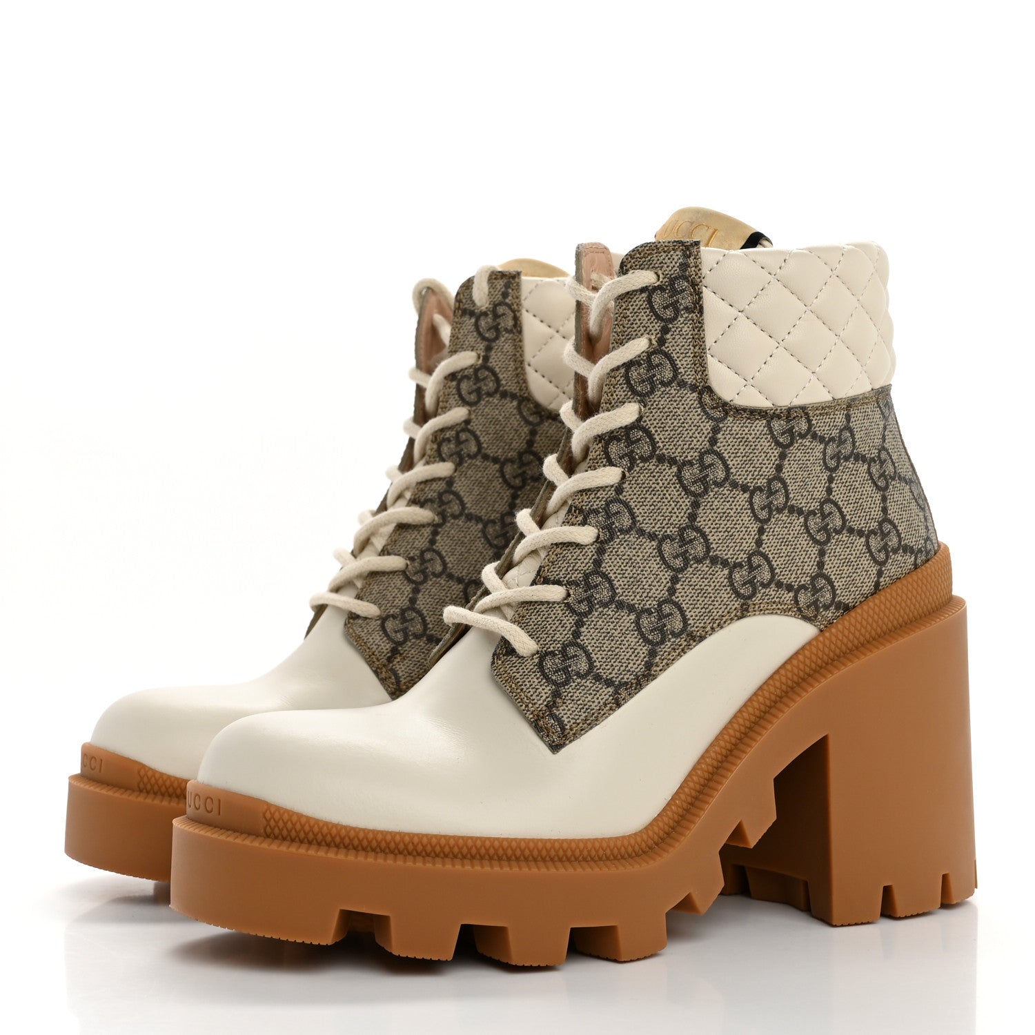 Gucci Calfskin GG Supreme Monogram Nappa Quilted Lace Up Ankle Boots 37 Mystic White Beige 4 of 12