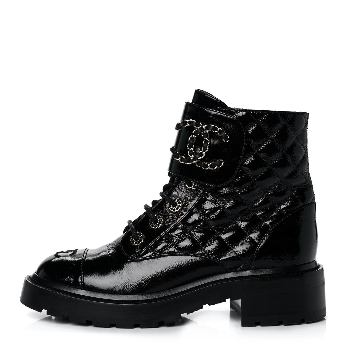 Shiny Calfskin Quilted Lace Up Combat Boots 37.5 Black