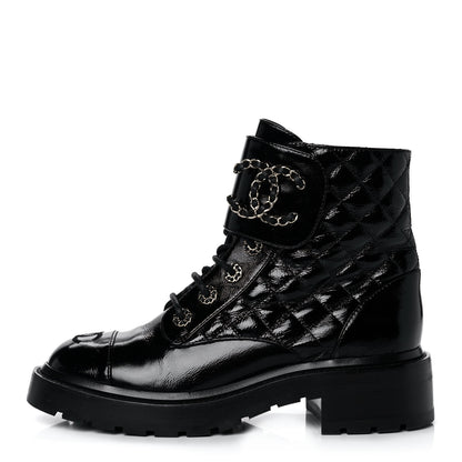 Chanel Shiny Calfskin Quilted Lace Up Combat Boots 37.5 Black 1 of 11