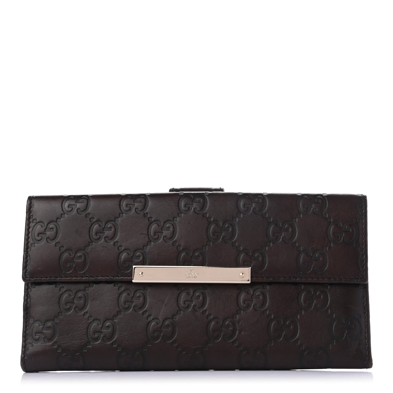 Gucci Guccissima Margaux Calfskin Metal Bar Continental Flap Wallet Chocolate 1 of 11