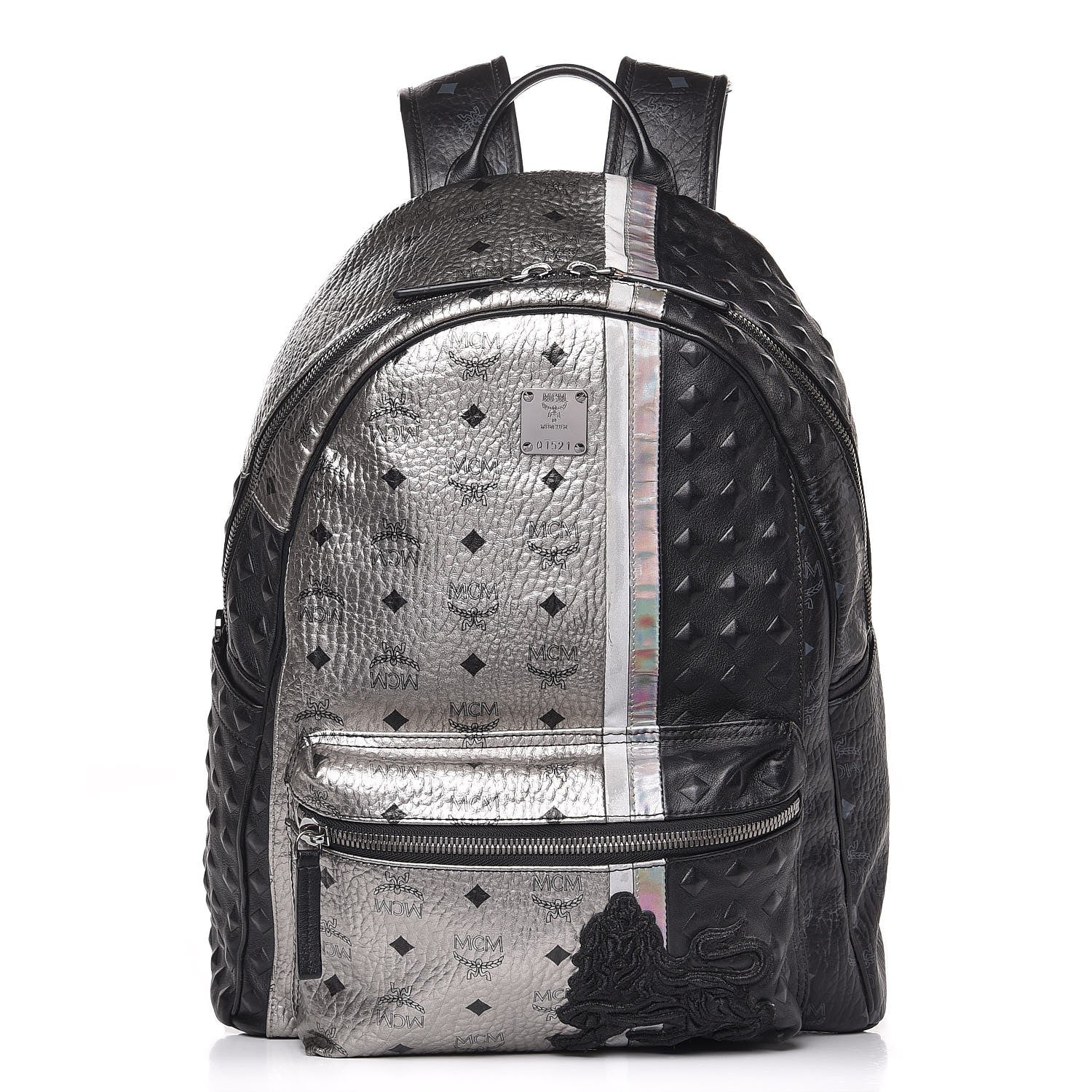 MCM Metallic Visetos Calfskin Medium Studded Munich Lion Stark Backpack Silver Black 1 of 28