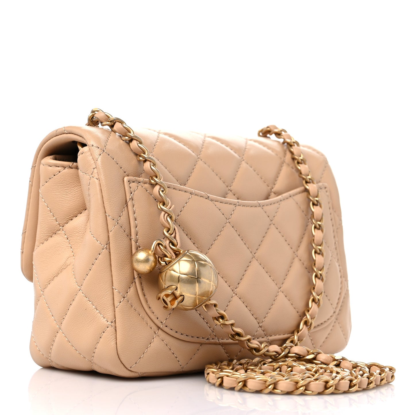 Lambskin Quilted Mini Pearl Crush Flap Beige
