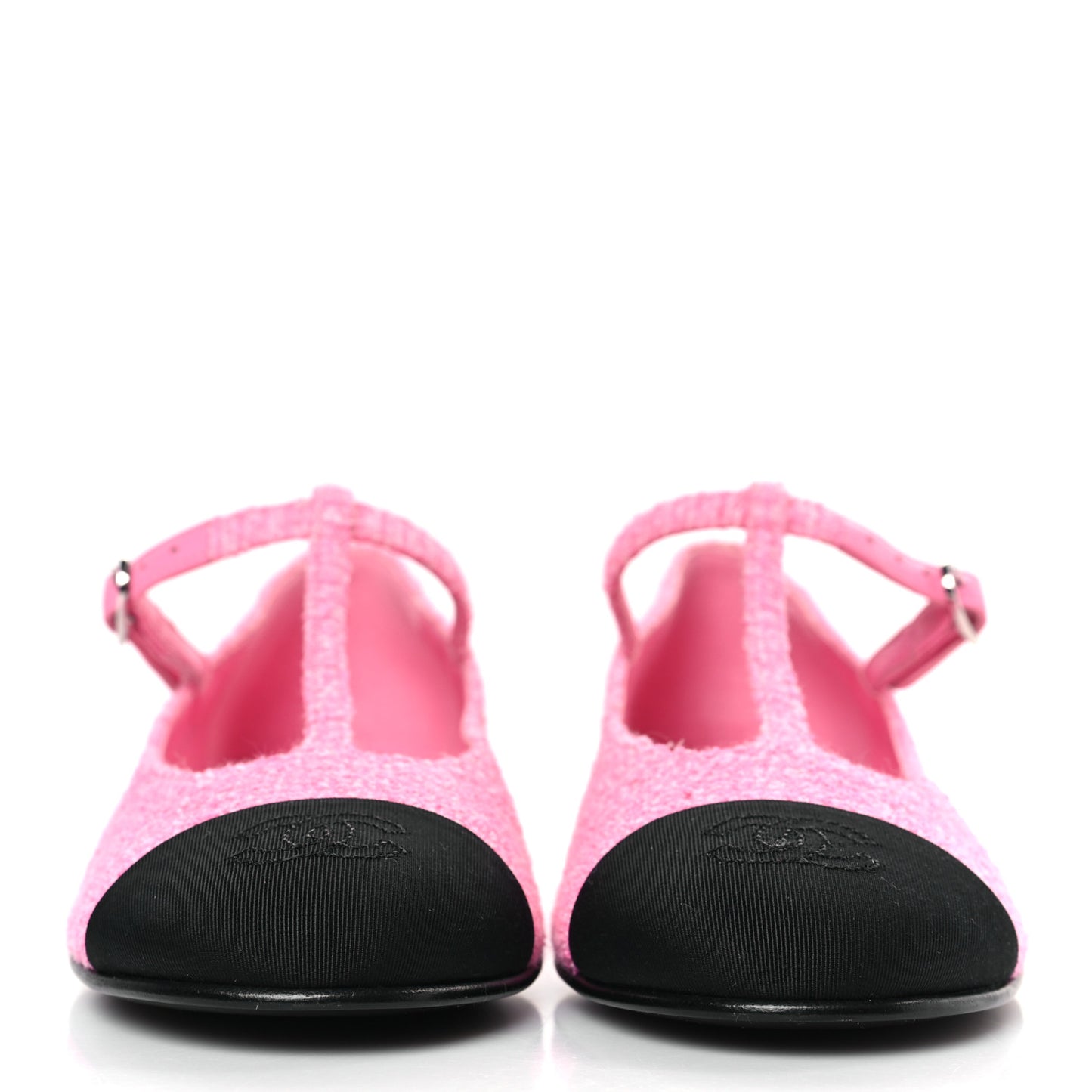 Tweed Grosgrain Cap Toe T Strap CC Flats 35.5 Pink Black