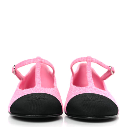 Chanel Tweed Grosgrain Cap Toe T Strap CC Flats 35.5 Pink Black 2 of 8