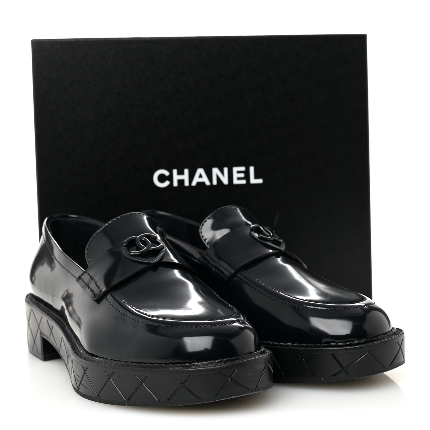 Shiny Calfskin Quilted CC Mocassin Loafers 39 Navy Blue