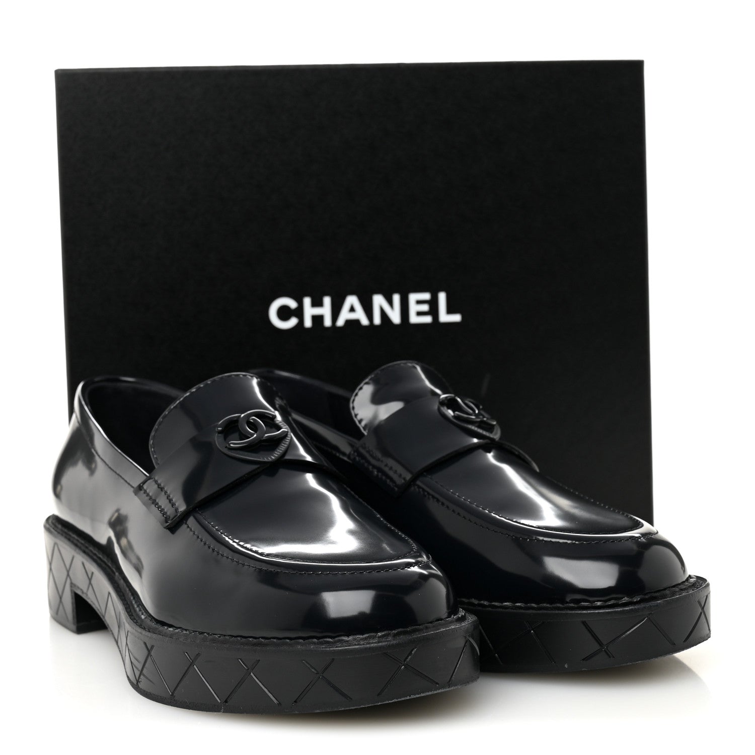 Chanel Shiny Calfskin Quilted CC Mocassin Loafers 39 Navy Blue 10 of 10