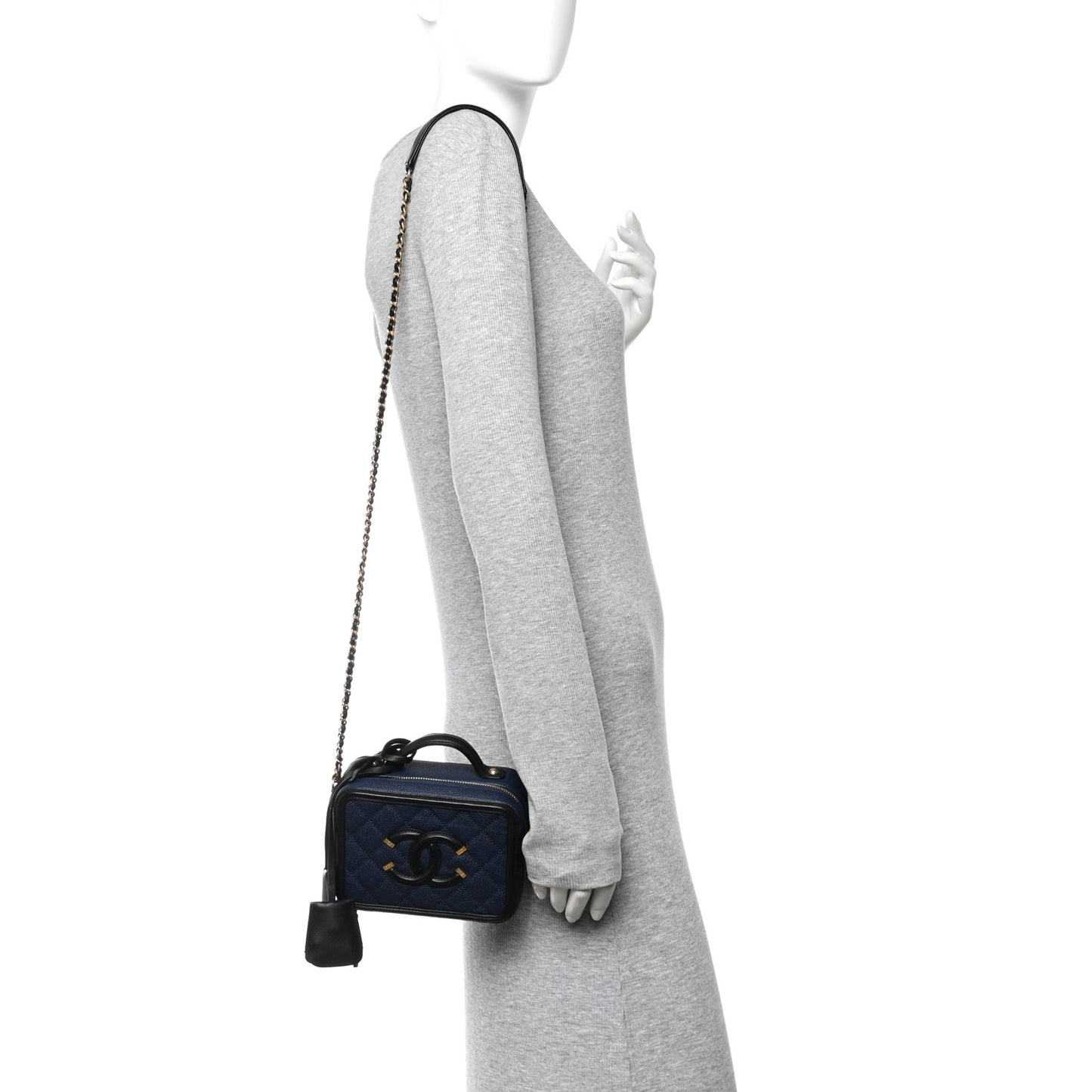 Caviar Quilted Small CC Filigree Vanity Case Navy Black