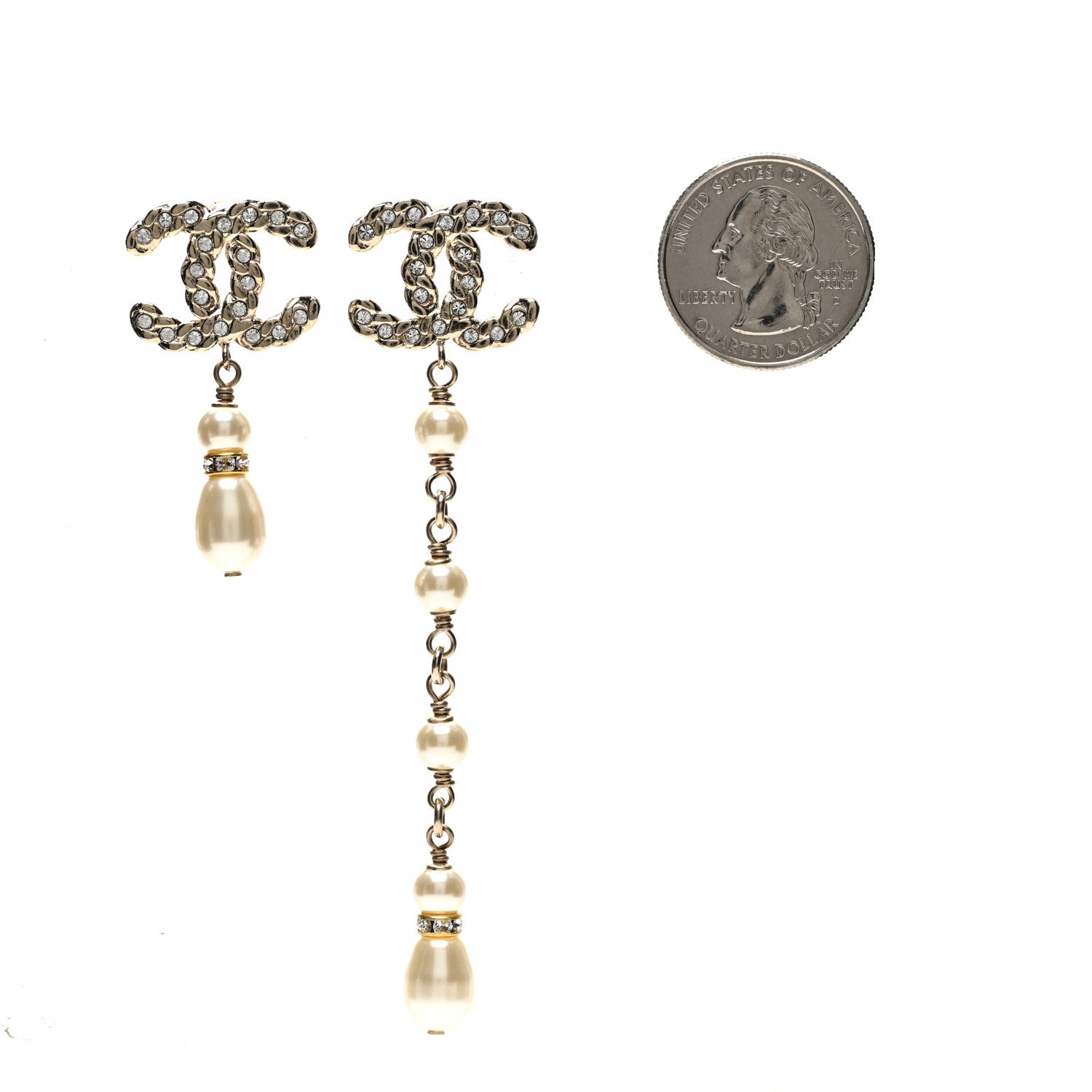 Chanel Pearl Crystal CC Uneven Drop Earrings Gold 2 of 5