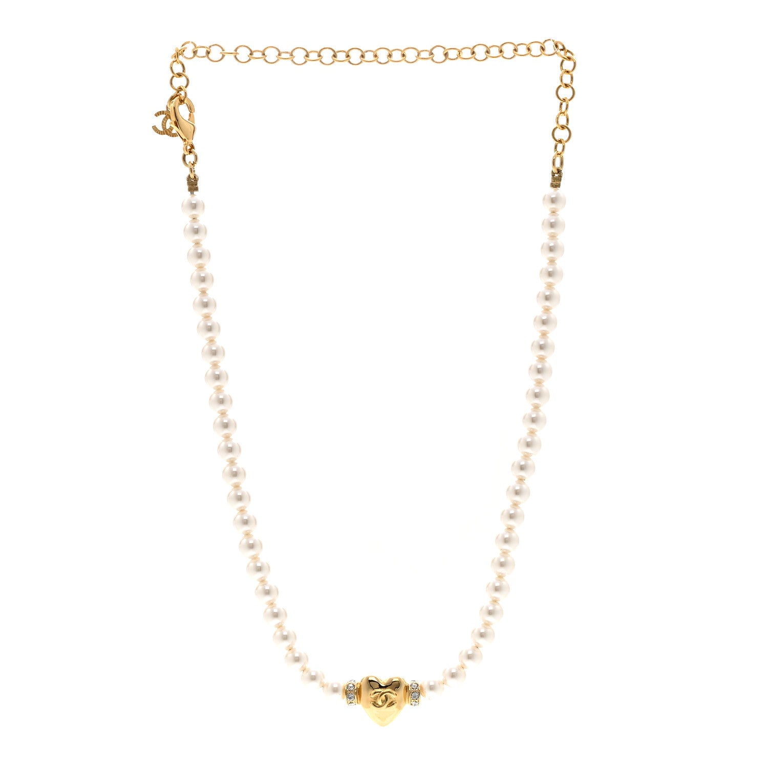 Chanel Crystal Pearl CC Heart Choker Necklace Gold 3 of 6