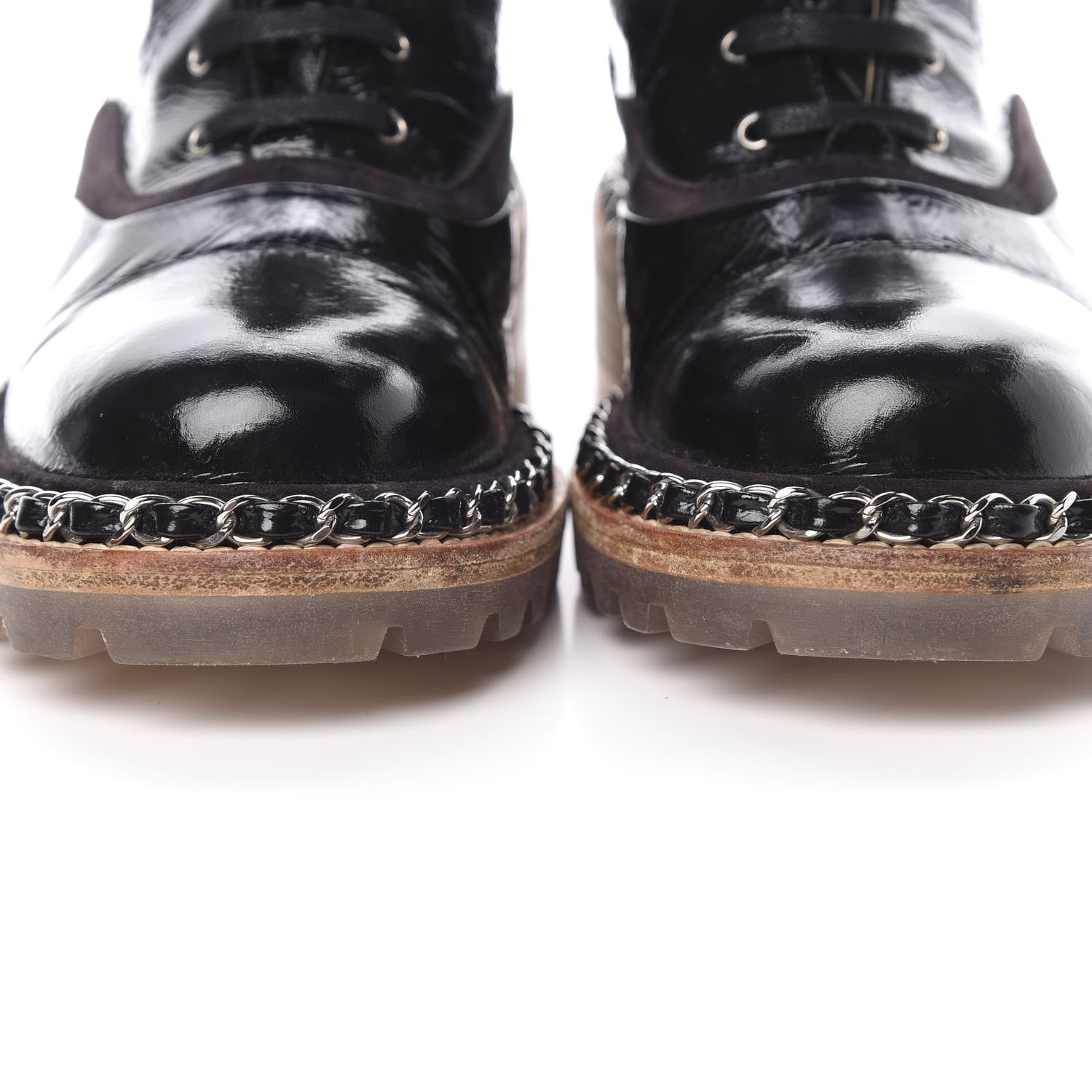 Chanel Patent Lace Up Chain Boots 37 Black 7 of 8