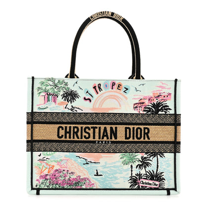 Christian Dior Canvas Embroidered Souvenir Saint Tropez Medium Book Tote Natural Multicolor 1 of 12