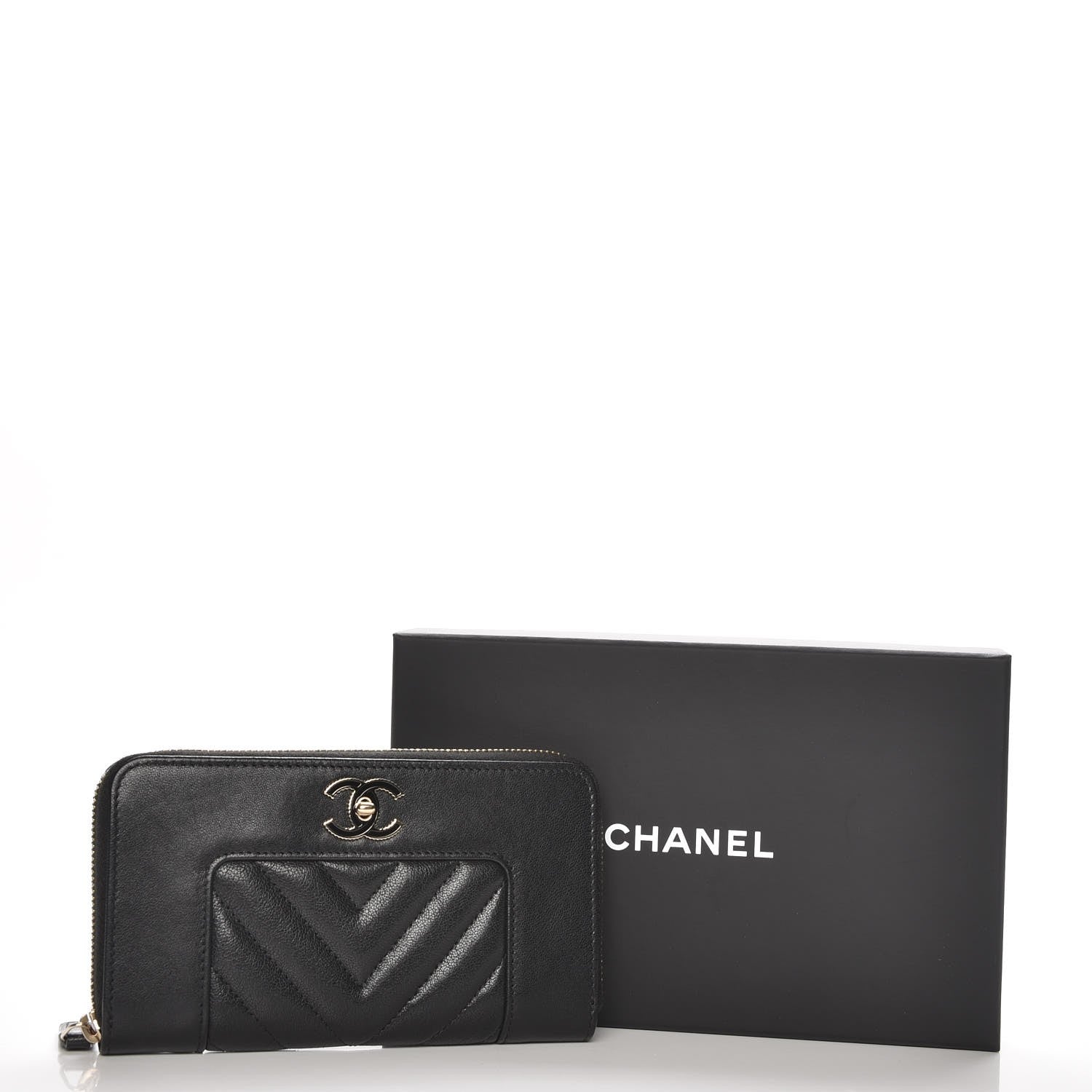 Chanel Sheepskin Chevron Quilted Mademoiselle Vintage Zip Around Wallet Black 9 of 9