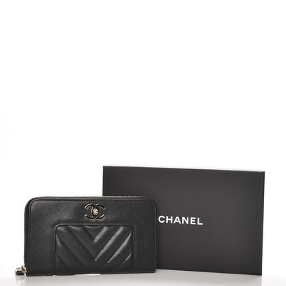 Chanel Sheepskin Chevron Quilted Mademoiselle Vintage Zip Around Wallet Black 9 of 9