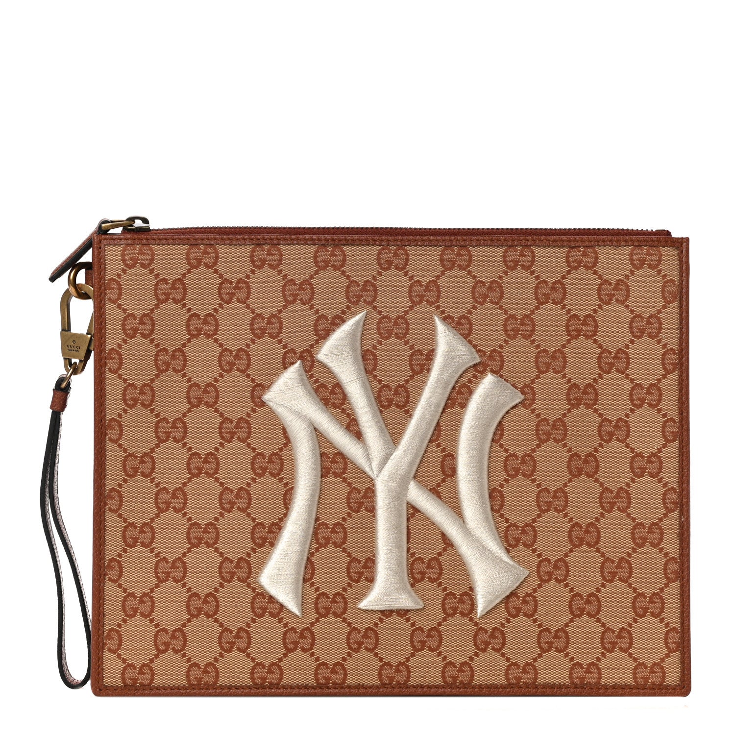 Gucci X MLB GG Monogram NY Yankees Zip Wristlet Pouch Beige Ruggine Ivory 1 of 11