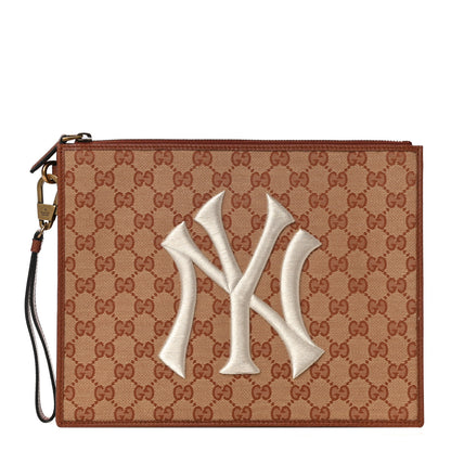 Gucci X MLB GG Monogram NY Yankees Zip Wristlet Pouch Beige Ruggine Ivory 1 of 11