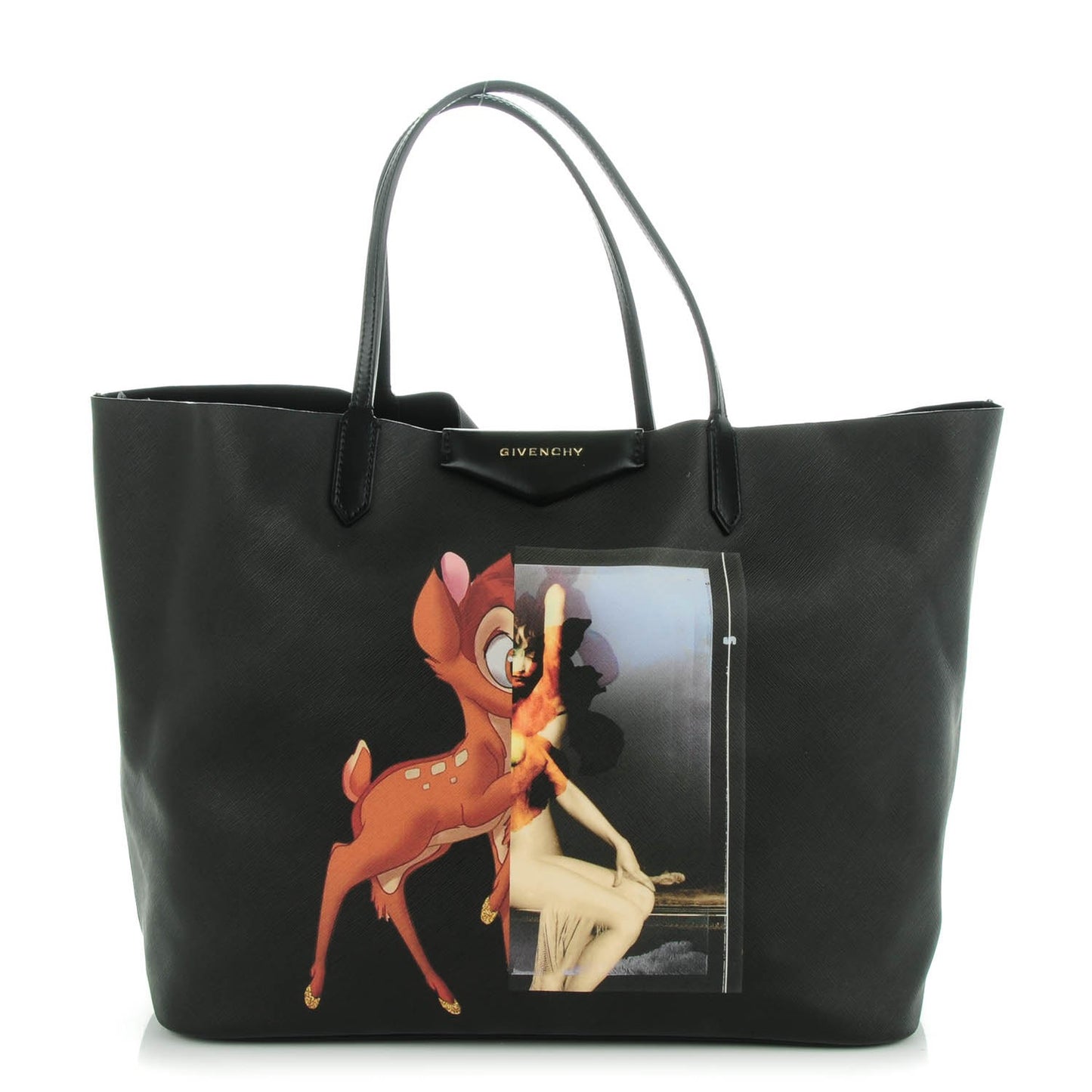 Textured Coated Canvas Bambi Print Large Antigona Tote Black