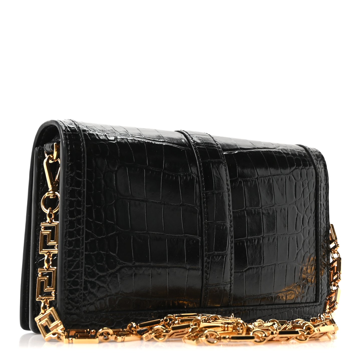 Crocodile Embossed Calfskin Greca Goddess Wallet On Chain Black