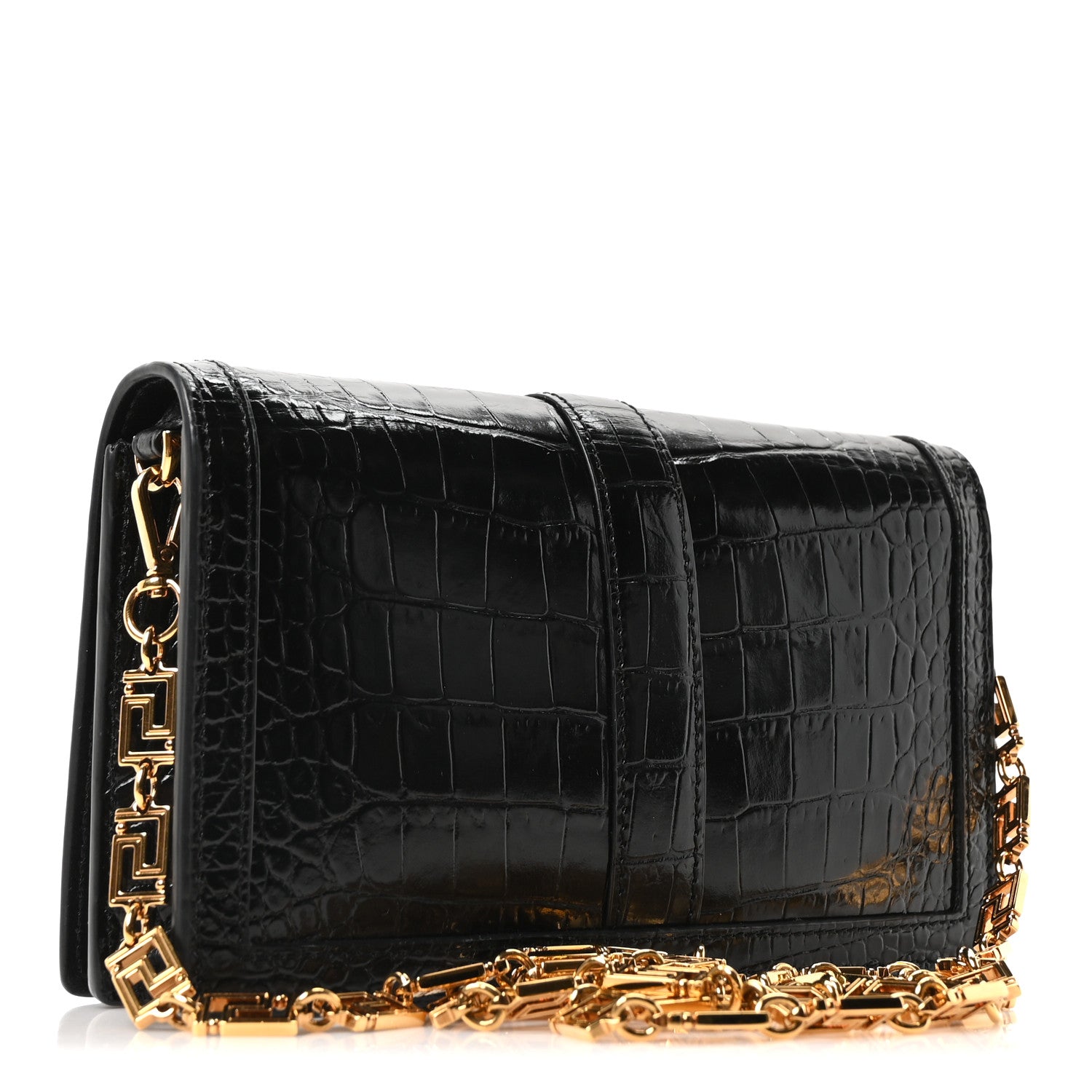 Versace Crocodile Embossed Calfskin Greca Goddess Wallet On Chain Black 3 of 9