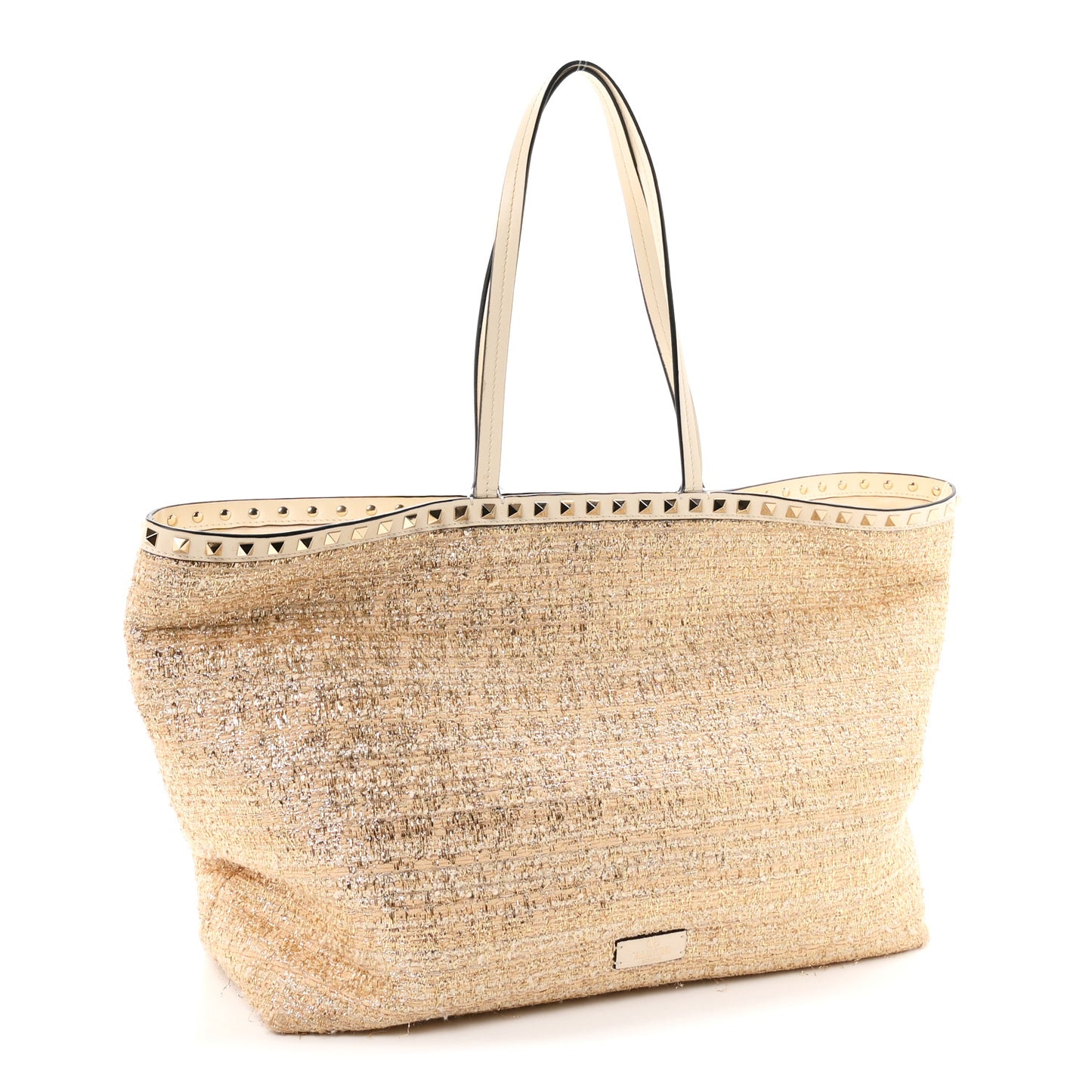 Metallic Boucle Raffia Calfskin Rockstud Shoulder Tote White Gold Ivory