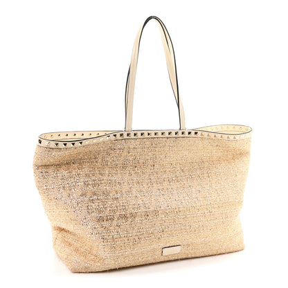 Valentino Garavani Metallic Boucle Raffia Calfskin Rockstud Shoulder Tote White Gold Ivory 2 of 9