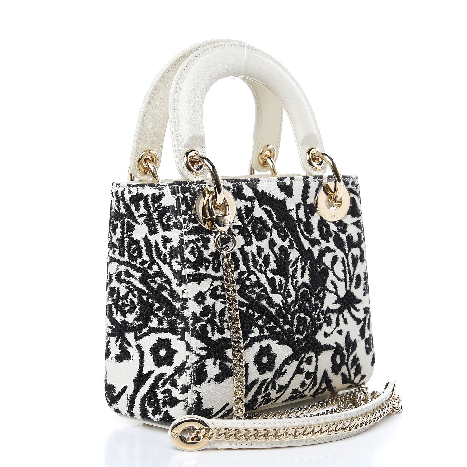 Christian Dior Smooth Calfskin Silkscreen Printed Floral Embroidered Mini Lady Dior Off White 3 of 13