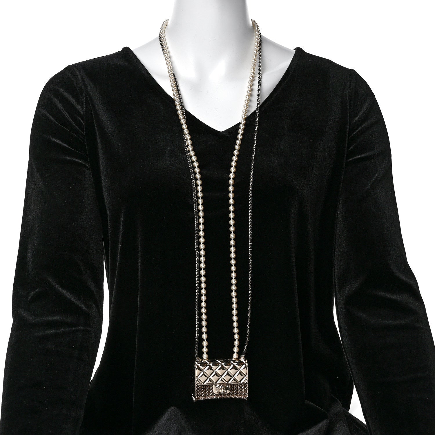 Chanel Metal Lambskin Pearl Chain Flap Bag Long Necklace Gold Black Pearly White 2 of 5