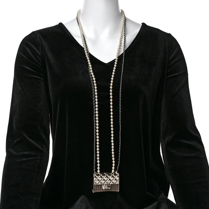 Chanel Metal Lambskin Pearl Chain Flap Bag Long Necklace Gold Black Pearly White 2 of 5