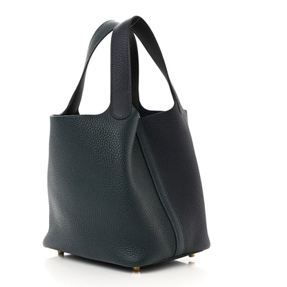 Hermes Taurillon Clemence Casaque Picotin Lock 18 PM Bleu Nuit Vert Bosphore 3 of 11