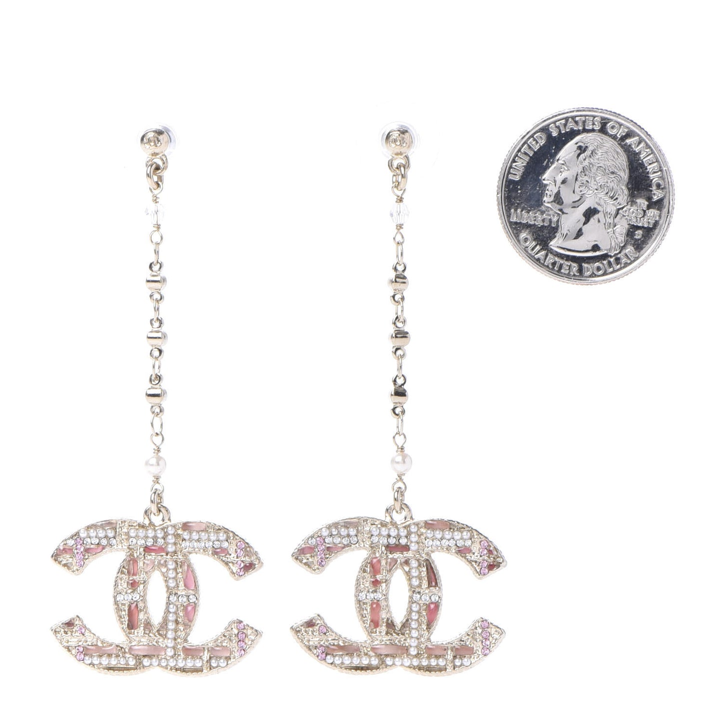 Pearl Crystal CC Tweed Drop Earrings Gold Pink Pearly White