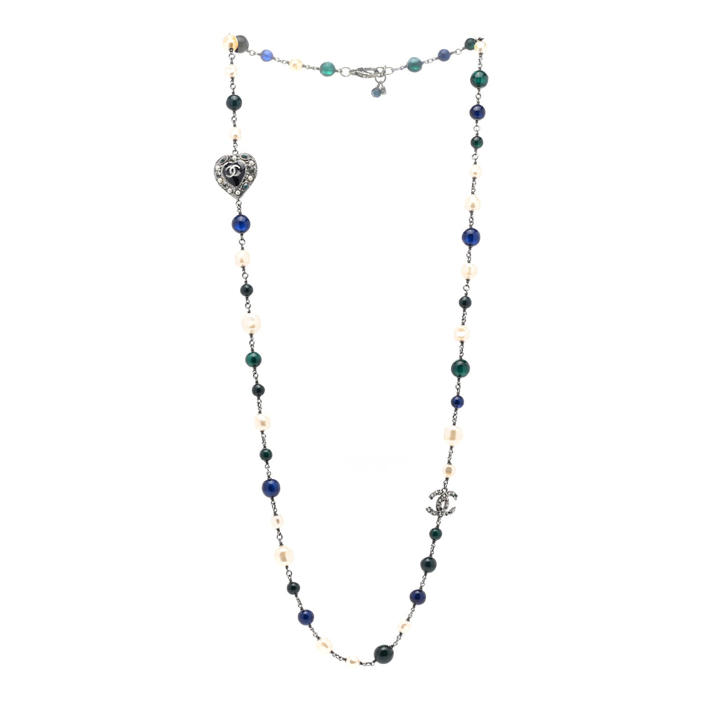 Pearl Resin Beaded CC Heart Long Necklace Ruthenium Multicolor